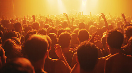 Fototapeta premium A vibrant crowd enjoying a concert, lit by a warm stage glow on an orange background, capturing the concept of live music events. Generative AI