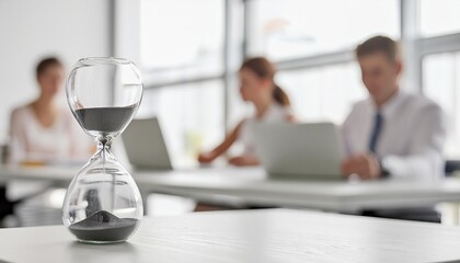  Close up of hourglass on a desk in an office with people working behind on blurred background