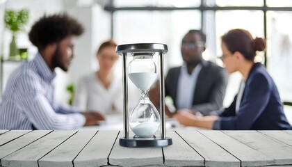  Close up of hourglass on a desk in an office with people working behind on blurred background