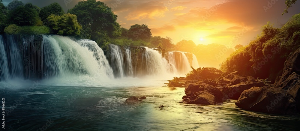 Poster a stunning waterfall with the sun setting in the background perfect for a copy space image
