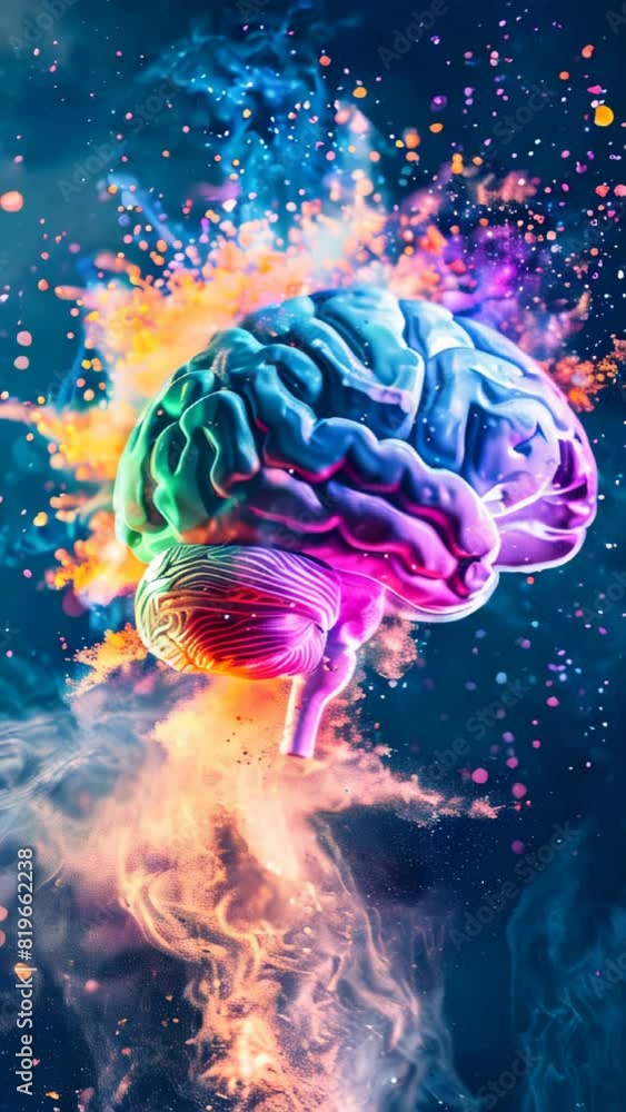 Poster a colorful human brain with exploding color dust against a dark background. brilliant ideas concept.