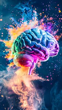 A colorful human brain with exploding color dust against a dark background. Brilliant ideas concept.