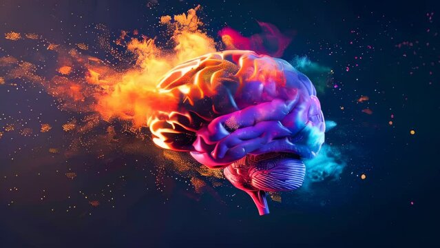 A colorful human brain with exploding color dust against a dark background. Brilliant ideas concept.
