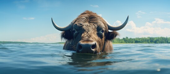 A large buffalo happily swimming in the summer water with a scenic background for copyspace images