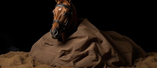A brown horse in a sandbox with a fly protection hood set against a blank isolated background perfect for copy space image