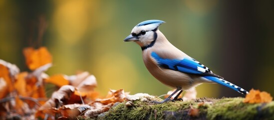 Close up of a European jay Scientific name Garrulus Glandarius facing left in natural woodland habitat with beak filled with two peanuts Clean background Copy space Horizontal