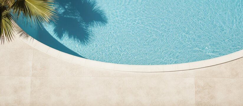 Top down view of a swimming pool background with a water ring and palm shadow visible on the travertine stone perfect for copy space images