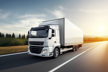White Truck moving isolated on the road, blur image, 3d rendering 