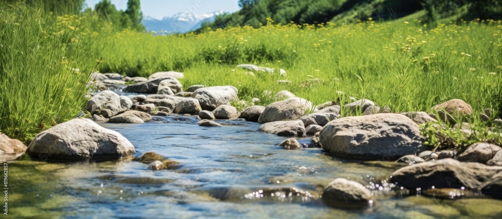 Poster mountain stream on a summer day with water foaming in the riverbed providing a source of moisture fo