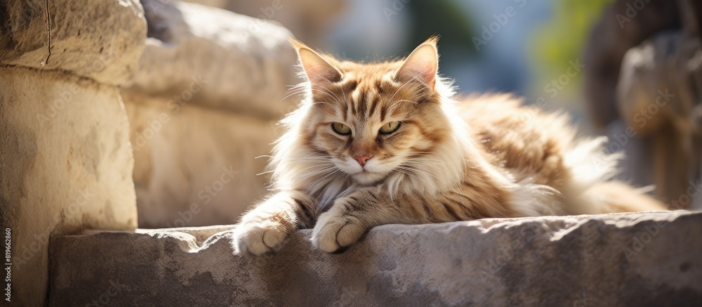 Aufkleber a cat resting on stone steps with a clear copy space image