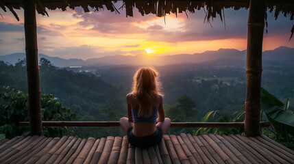 Woman meditating on a bamboo platform with a serene sunrise and mountains in the background,...