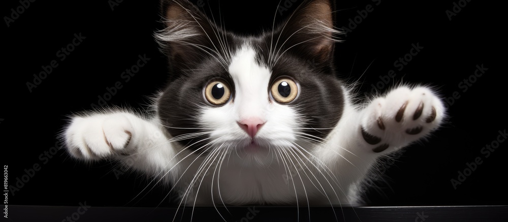 Poster black and white cat engaging in playful activities including jumping sitting and lying down while ga