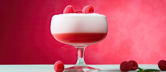 Clover club cocktail made with gin raspberries and topped with egg white foam copy space image