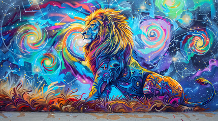 Vibrant urban mural featuring a majestic lion against a backdrop of swirling galaxies.