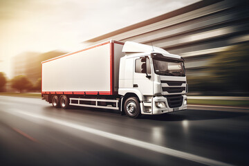 Obraz premium White Truck moving isolated on the road, blur image, 3d rendering 