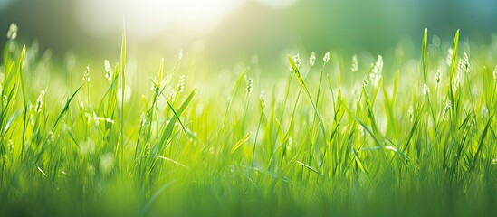 Lush green grass blade in a vibrant meadow during the spring season with a bright and refreshing atmosphere. Copy space image. Place for adding text and design