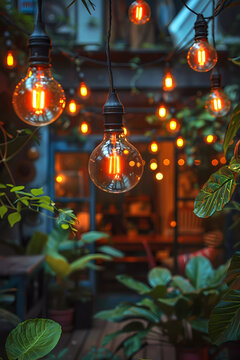 Colorful Home garden guinguette theme lights and plants.