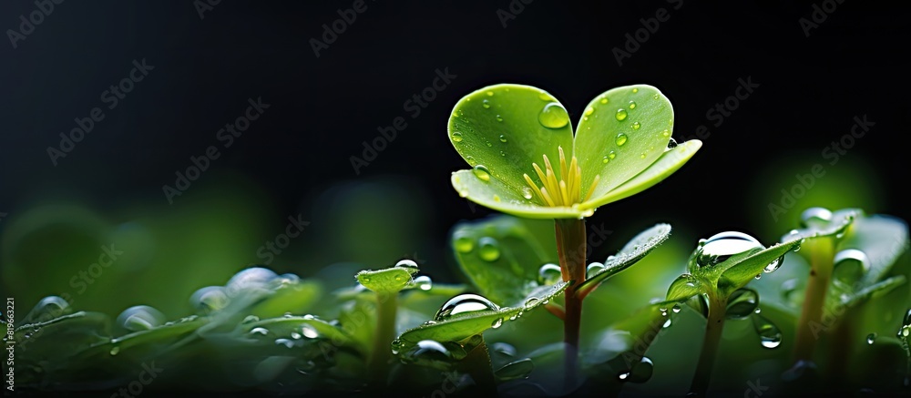 Poster close up image of a purslane flower with a water droplet including blank space for text. copy space 
