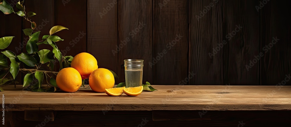 Poster old wooden table with oranges and a glass of orange juice creating a rustic setting with a copy spac