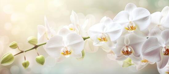 Obraz na płótnie Canvas Fresh floral background with blooming white moth orchid flowers Macro shot in a greenhouse with copy space image