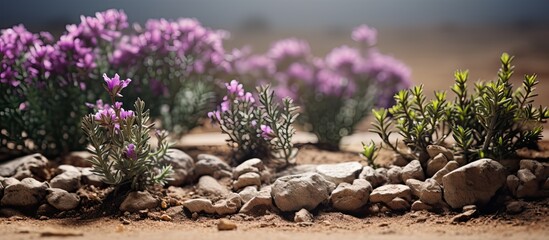 Natural bushes adorned with blooming purple colored flowers on soil background creating a picturesque scene with copy space image