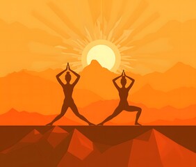 illustration of a couple doing a yoga pose in front of a sunset landscape vector illustration,yoga day