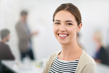 Smile, designer and girl with portrait in office for career in media industry, broadcasting and...