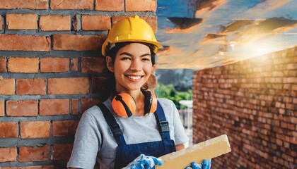 Builder and bricklayer with copy space on a brick and cement wall, woman working with a smile and enterprising 