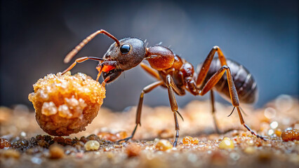 Macro image of an ant carrying a food crumb, showing its strength and determination