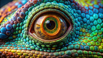 Macro photograph of a chameleon's eye, isolated on clear background