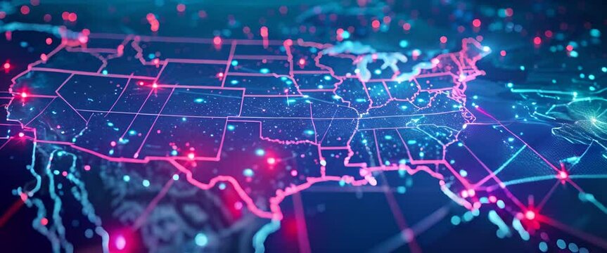 Futuristic digital map of America, core of a global neural network, showcasing AI and machine learning,