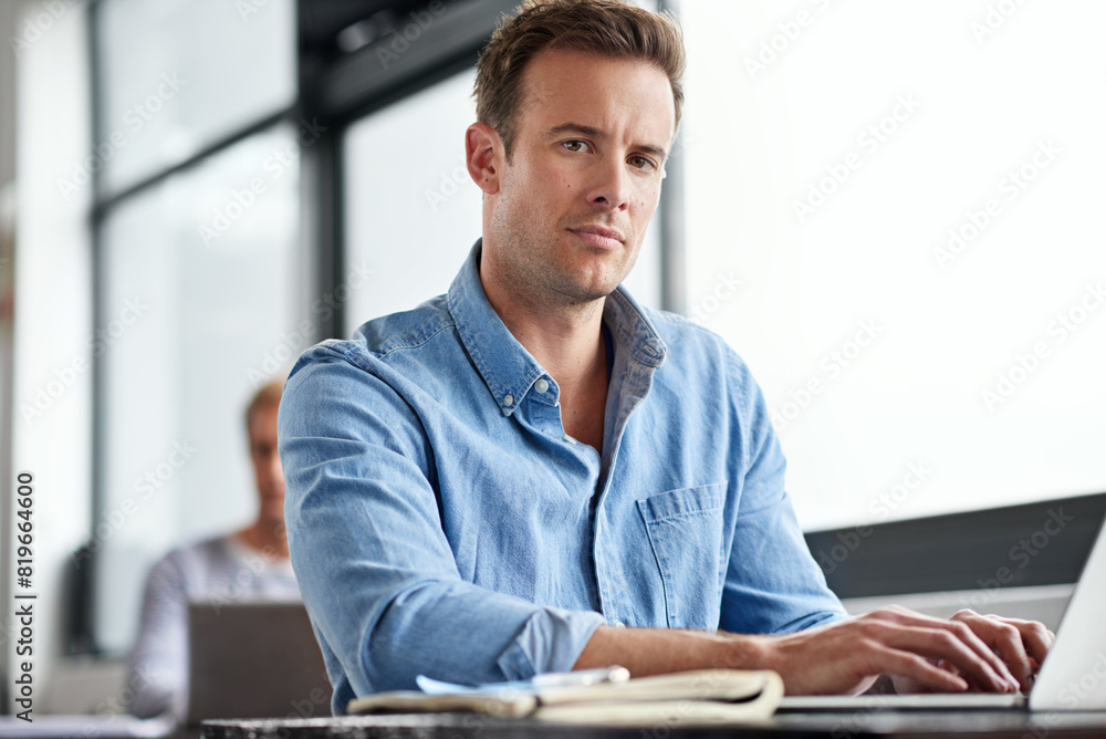 Poster serious, portrait and businessman with laptop in office, internet and digital information. software 