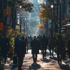 Obraz premium Many people wearing suits and business casual clothes walked on the busy street. The place was full of crowds of office workers wearing suits going to work.