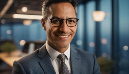 Fototapeta premium Portrait of a proud smiling confident middle aged hispanic businessman in office. Elegant, stylish, corporate leader, successful CEO executive manager 