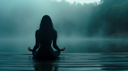 Woman meditating on a wooden dock, serene foggy lake and trees background, concept of tranquility. Generative AI