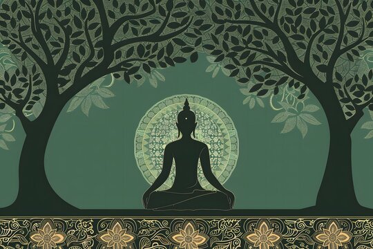 illustration of Buddha meditating under a tree