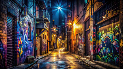 An atmospheric shot of a dimly lit alley adorned with mysterious graffiti artworks, evoking a sense of urban intrigue and excitement