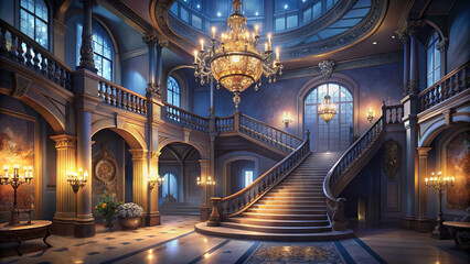 A grand foyer with a sweeping staircase and dazzling chandelier, exuding opulence and sophistication from every angle.