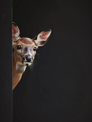 Frightened deer peeks out from behind a corner on a black background, with copy space, created with,4k