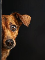 Frightened dog peeks out from behind a corner on a black background, with copy space, created with,4k
