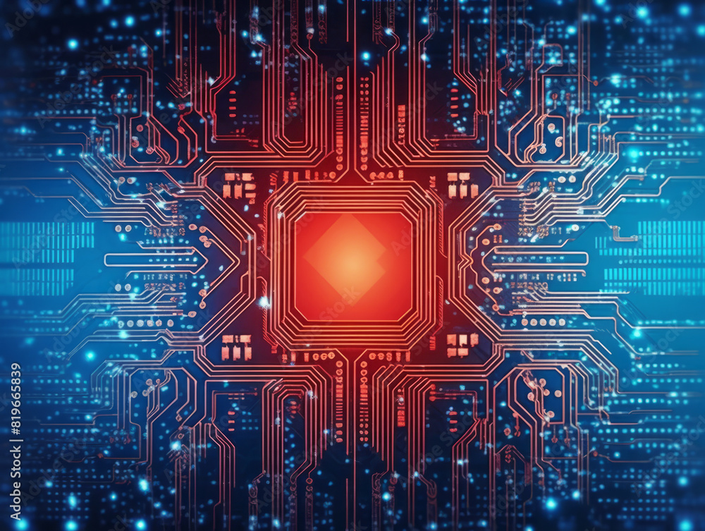 Poster A digital circuit board with a glowing red hexagon and blue lights against a dark backdrop, symbolizing technology. Generative AI