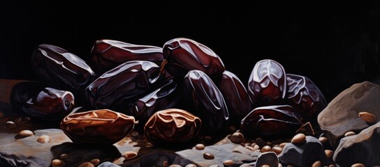 dried dates sitting on stone, in the style of smooth and shiny, sleek, orientalist imagery