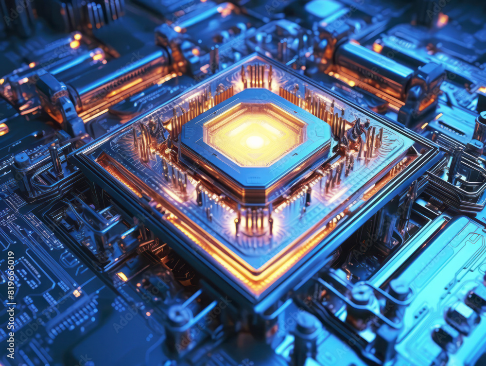 Poster A close-up view of a futuristic circuit board with a glowing core, complex design, illuminated blue and orange. Generative AI