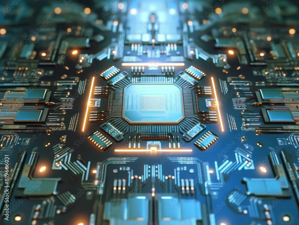 Poster detailed circuit board with glowing elements on a blue background, embodying a concept of technology
