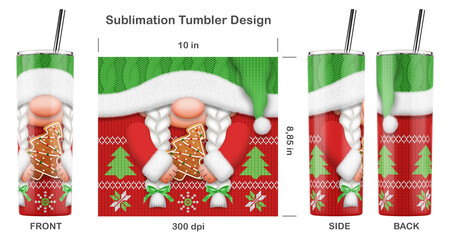 Funny Christmas gnome girl cartoon character. Seamless sublimation template for 20 oz skinny tumbler. Sublimation illustration. Seamless from edge to edge. Full tumbler wrap.