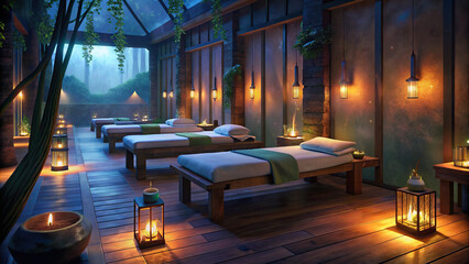 A serene spa retreat with massage tables, soothing decor, and tranquil ambiance, offering...