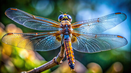 Macro view of a dragonfly perched on a twig, with wings spread out