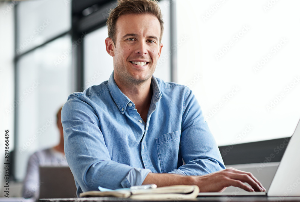 Poster smile, portrait and businessman with laptop in office, internet and digital information. software de