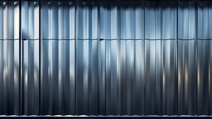A corrugated metal wall glistens in daylight, showcasing reflections of its surroundings in an urban area