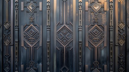 Detailed view of a metal door featuring intricate decorative designs in a close-up shot